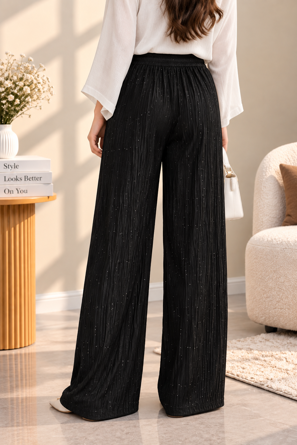 Premium Textured Wide-Leg Flared Pants with Adjustable Drawstring Waist