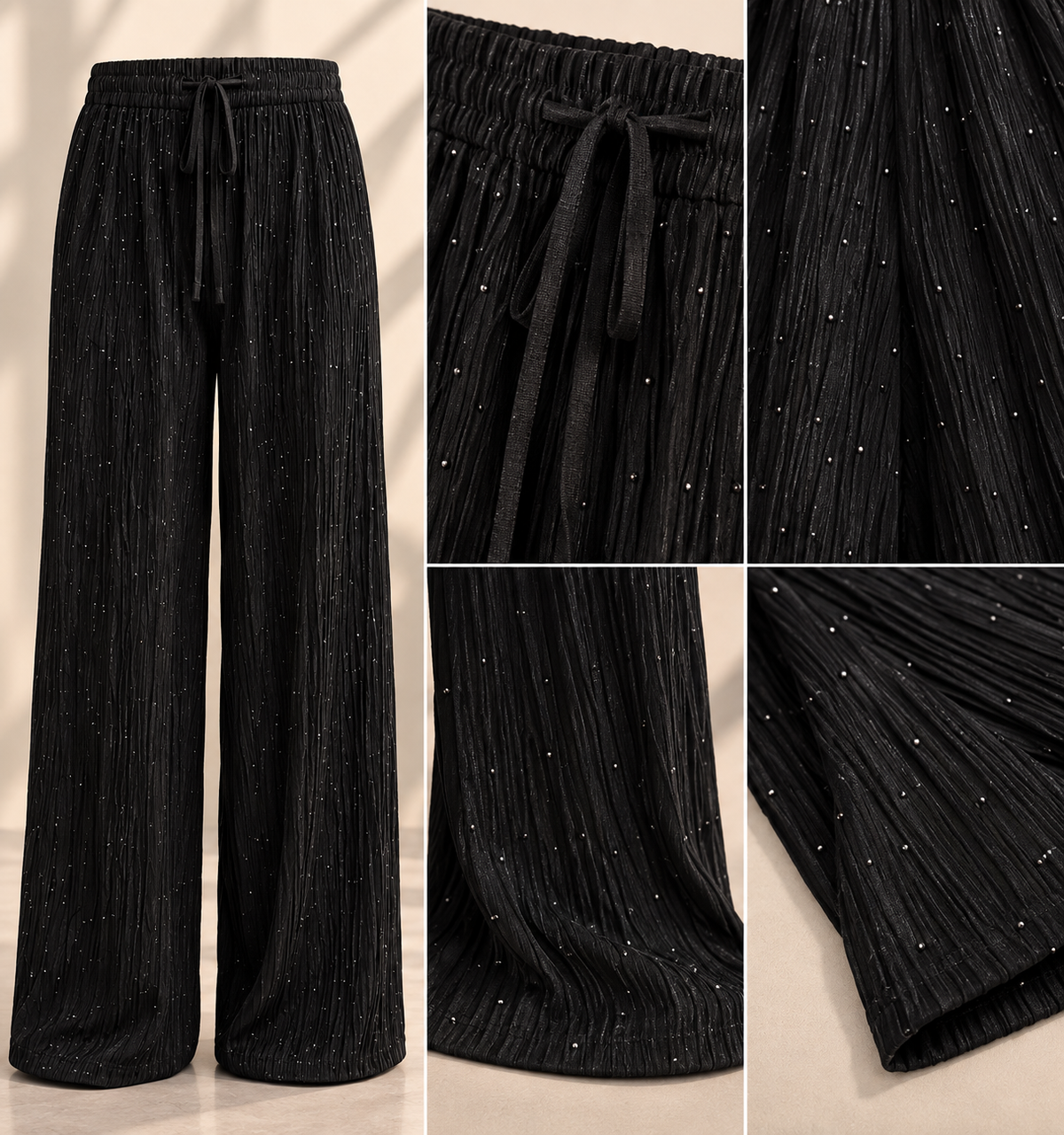 Premium Textured Wide-Leg Flared Pants with Adjustable Drawstring Waist