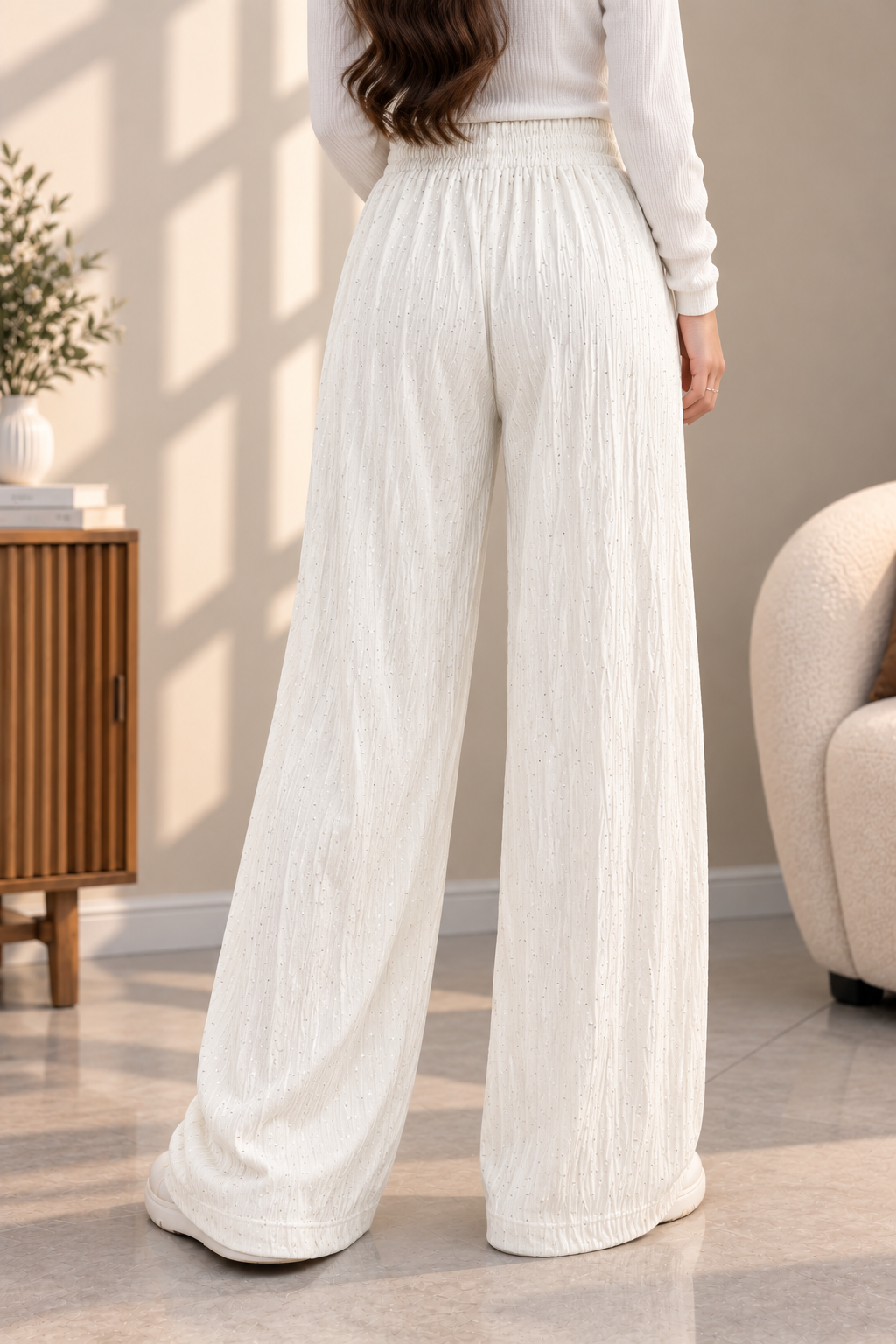 Premium Textured Wide-Leg Flared Pants with Adjustable Drawstring Waist
