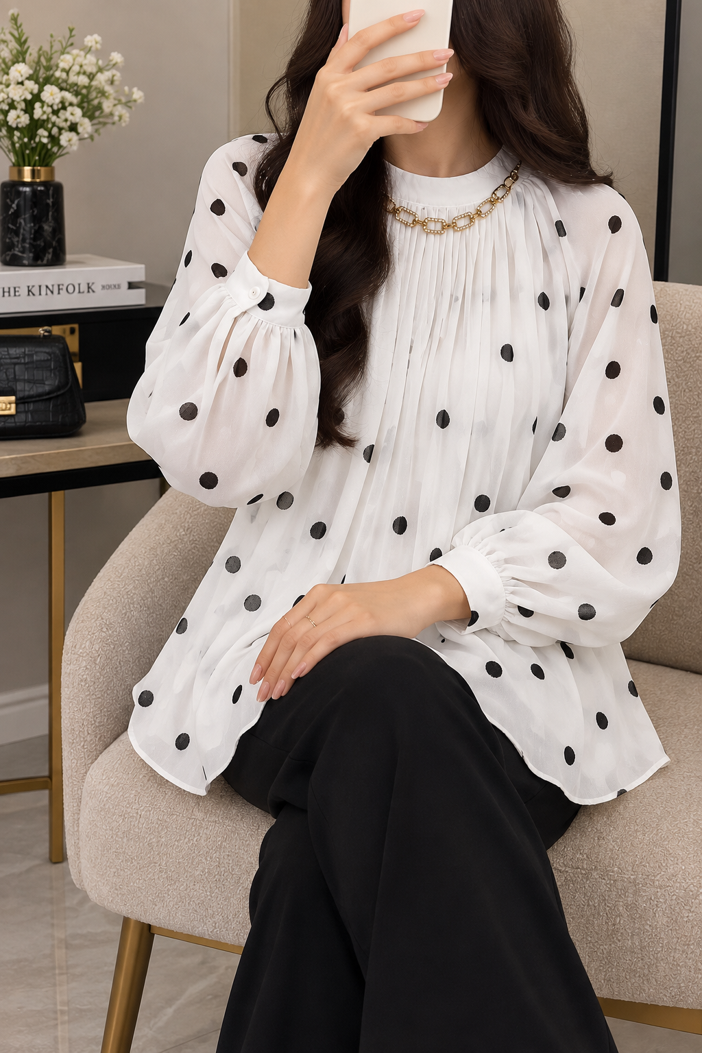 Premium Pleated Chiffon Tunic with Polka Dot Sheer Sleeves