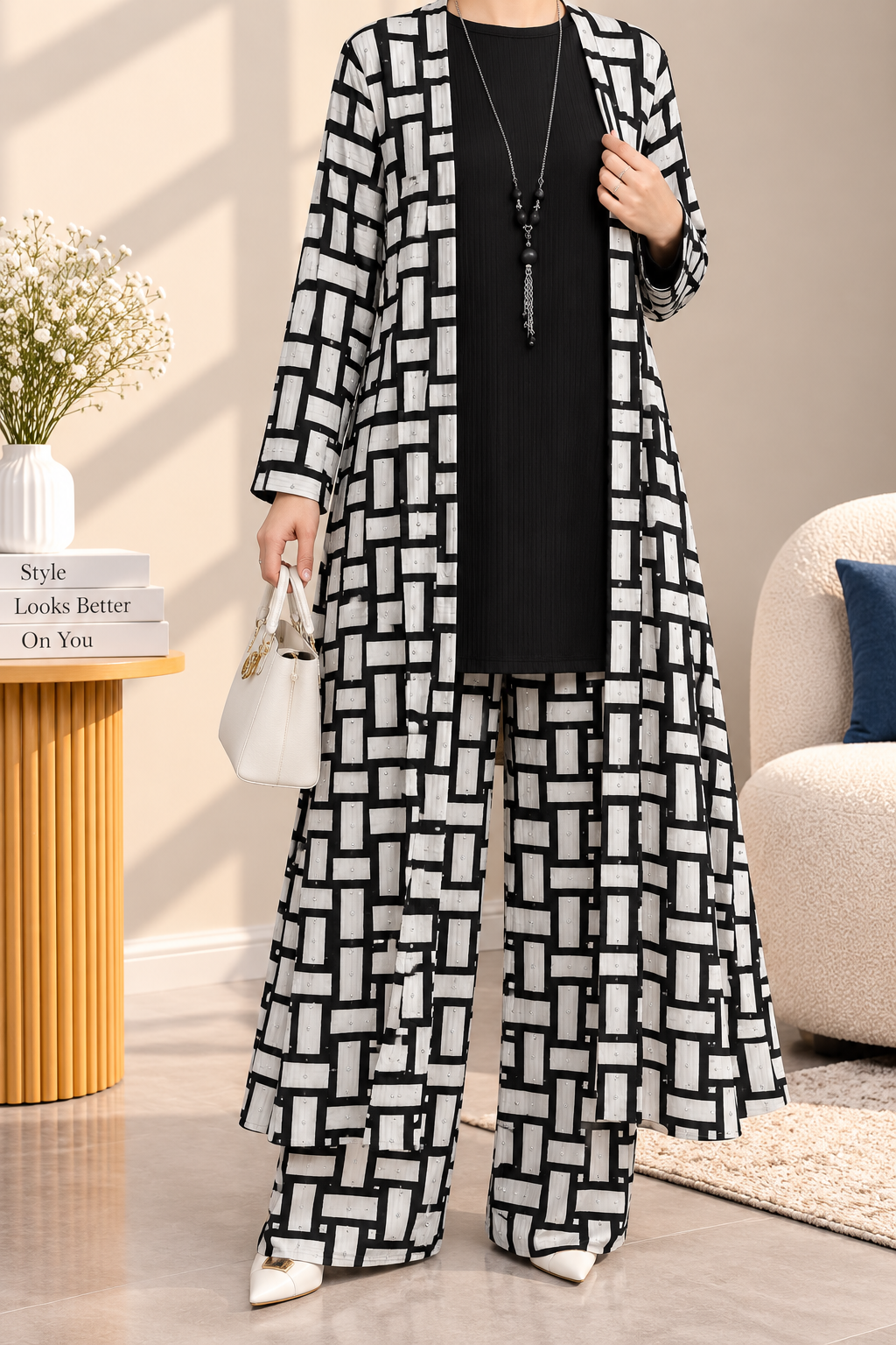 Korean Style Premium 3-Piece Printed Kimono Set with Ribbed Inner Top & Wide-Leg Pants