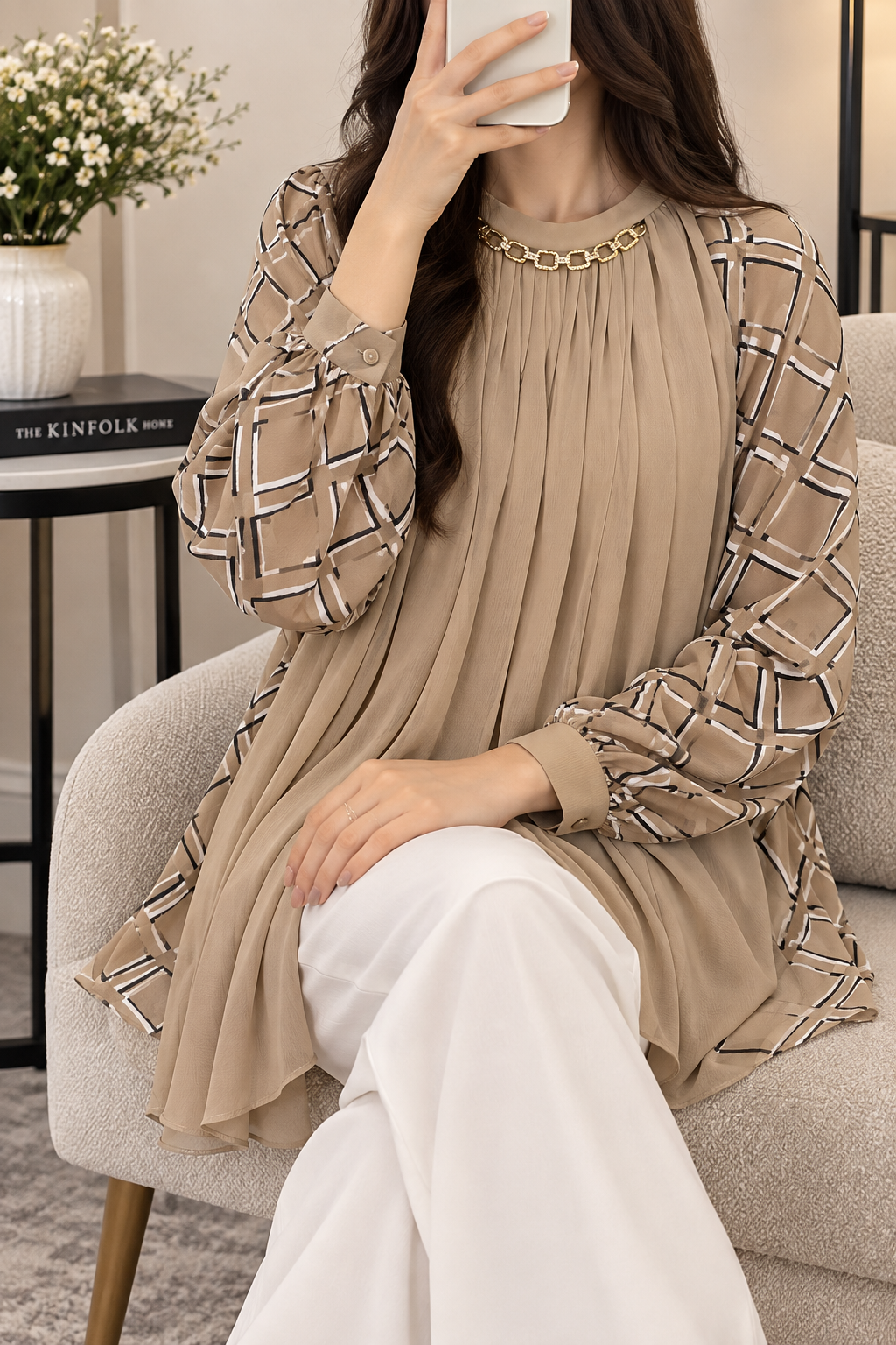 Premium Pleated Embroidered Bell Sleeve Longline Tunic