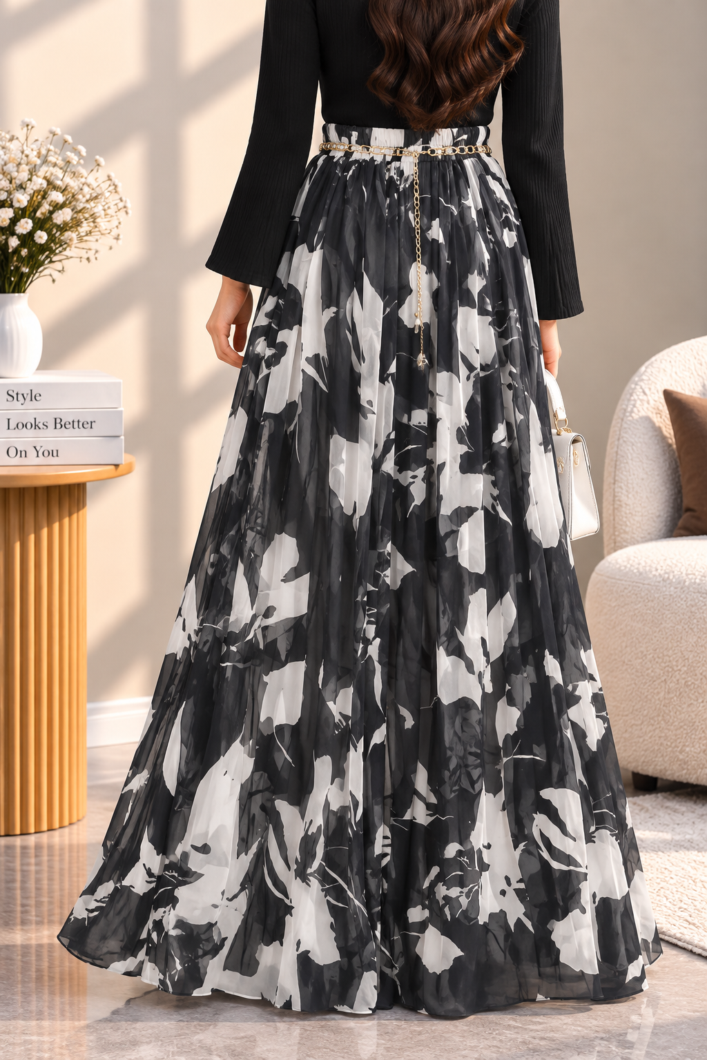 Premium Korean-Style Printed Skirt with Gold Chain Detail