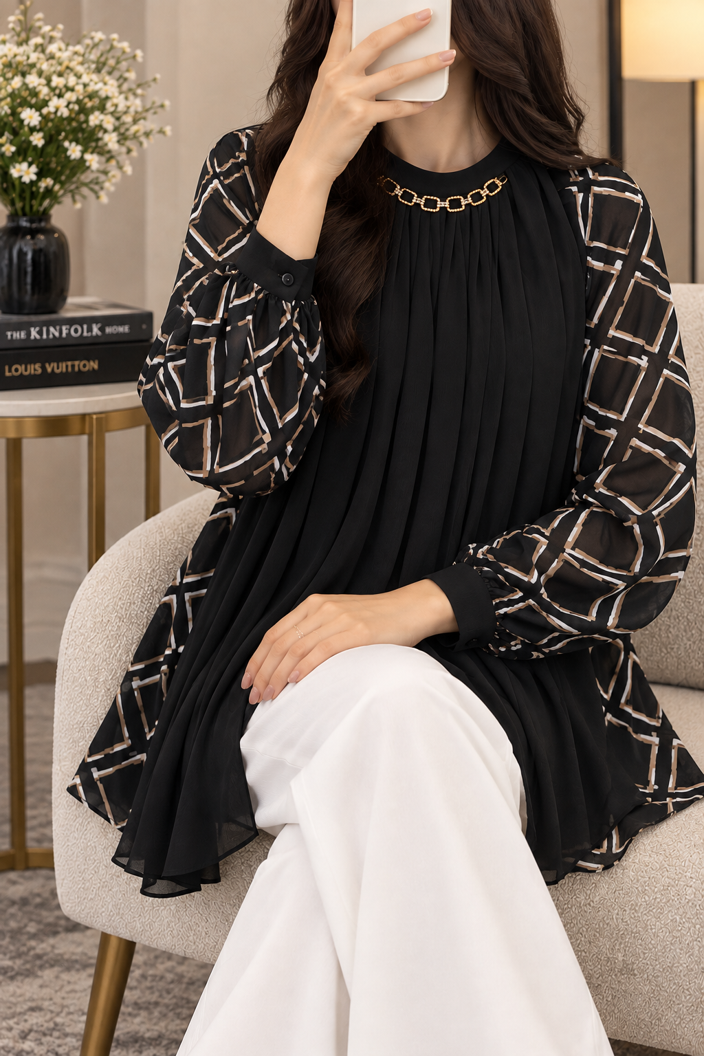Premium Pleated Embroidered Bell Sleeve Longline Tunic