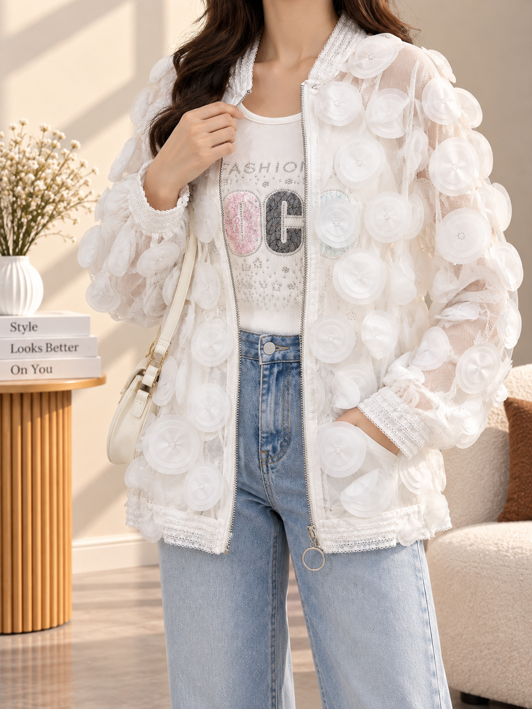 Premium 3D Floral Organza Sleeve Long Sleeve Blouse