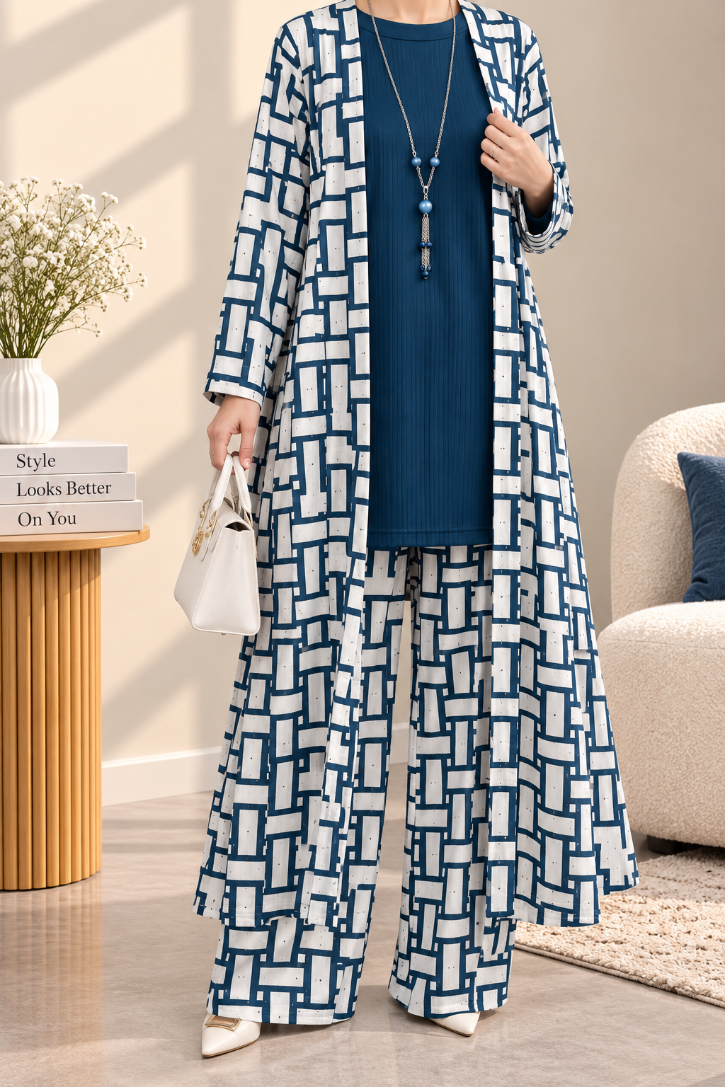 Korean Style Premium 3-Piece Printed Kimono Set with Ribbed Inner Top & Wide-Leg Pants