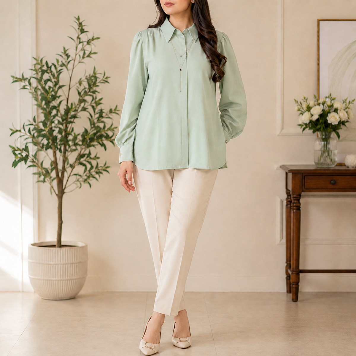 Premium Elegant Button-Down Shirt with Statement Collar & Layered Chain Detail
