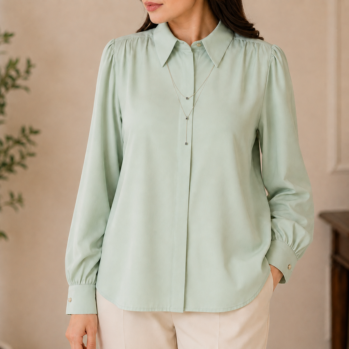 Premium Elegant Button-Down Shirt with Statement Collar & Layered Chain Detail