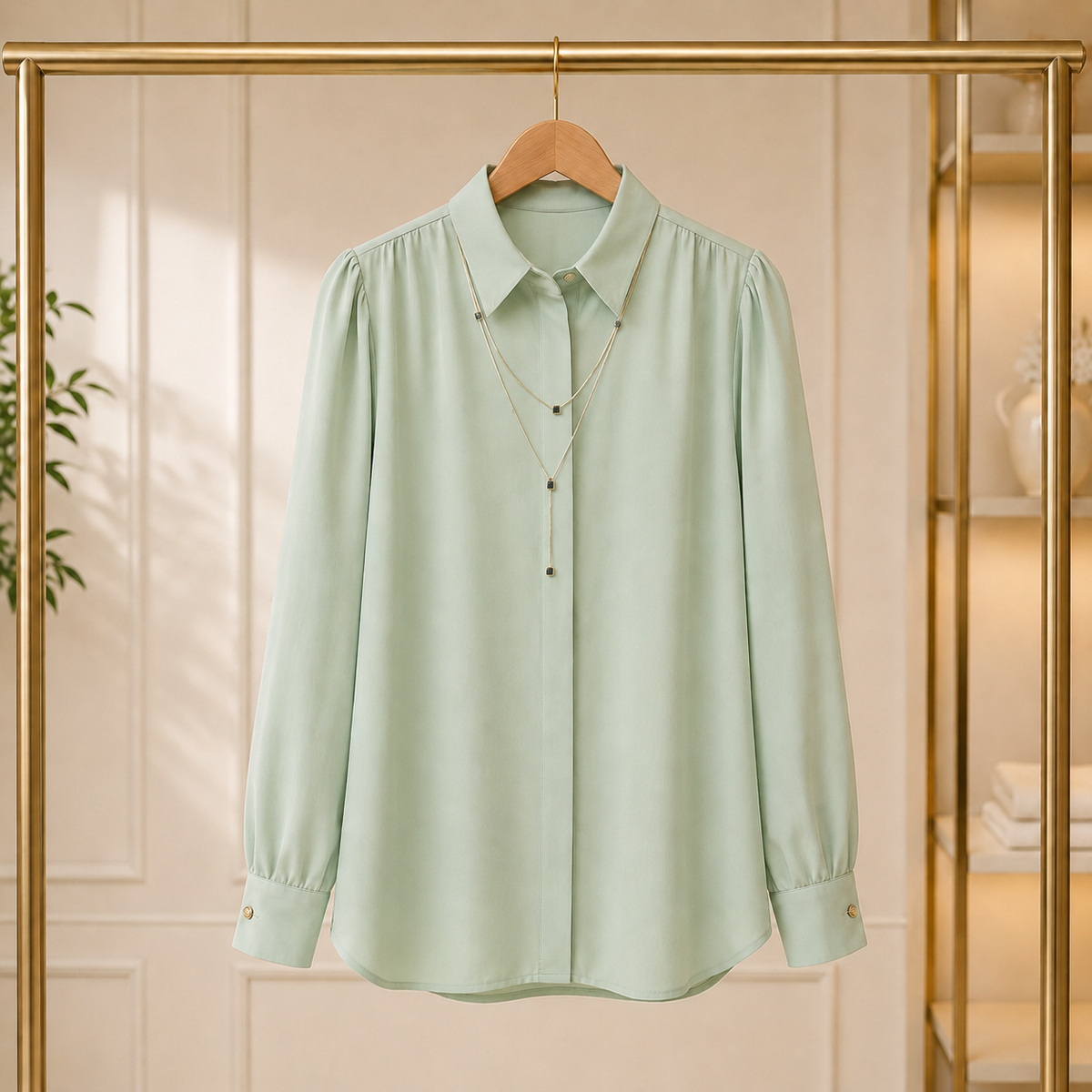 Premium Elegant Button-Down Shirt with Statement Collar & Layered Chain Detail
