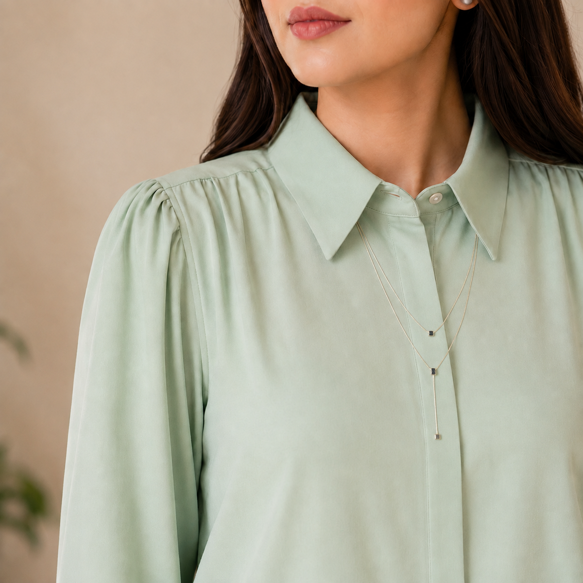 Premium Elegant Button-Down Shirt with Statement Collar & Layered Chain Detail