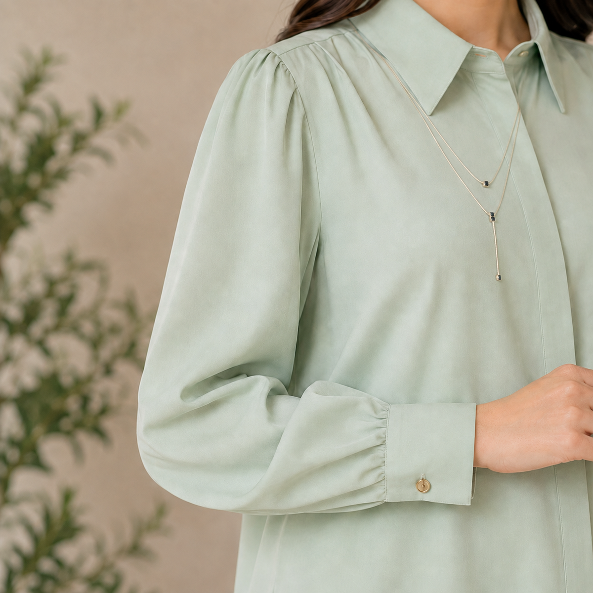 Premium Elegant Button-Down Shirt with Statement Collar & Layered Chain Detail