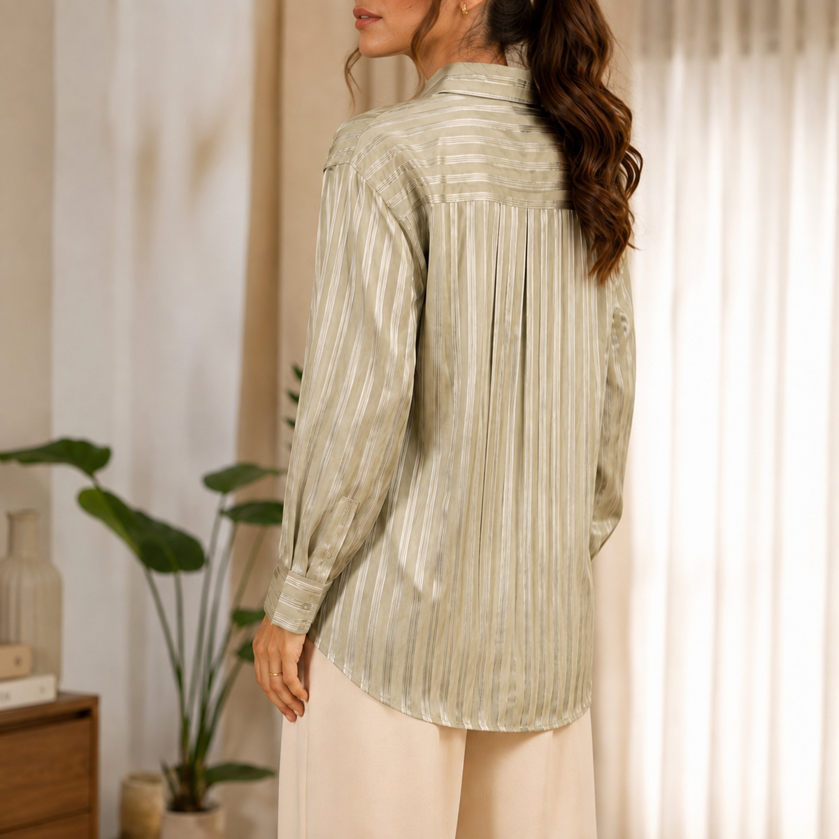 Premium Satin Stripe Button-Down Shirt – Silk Feel Long Sleeve Top