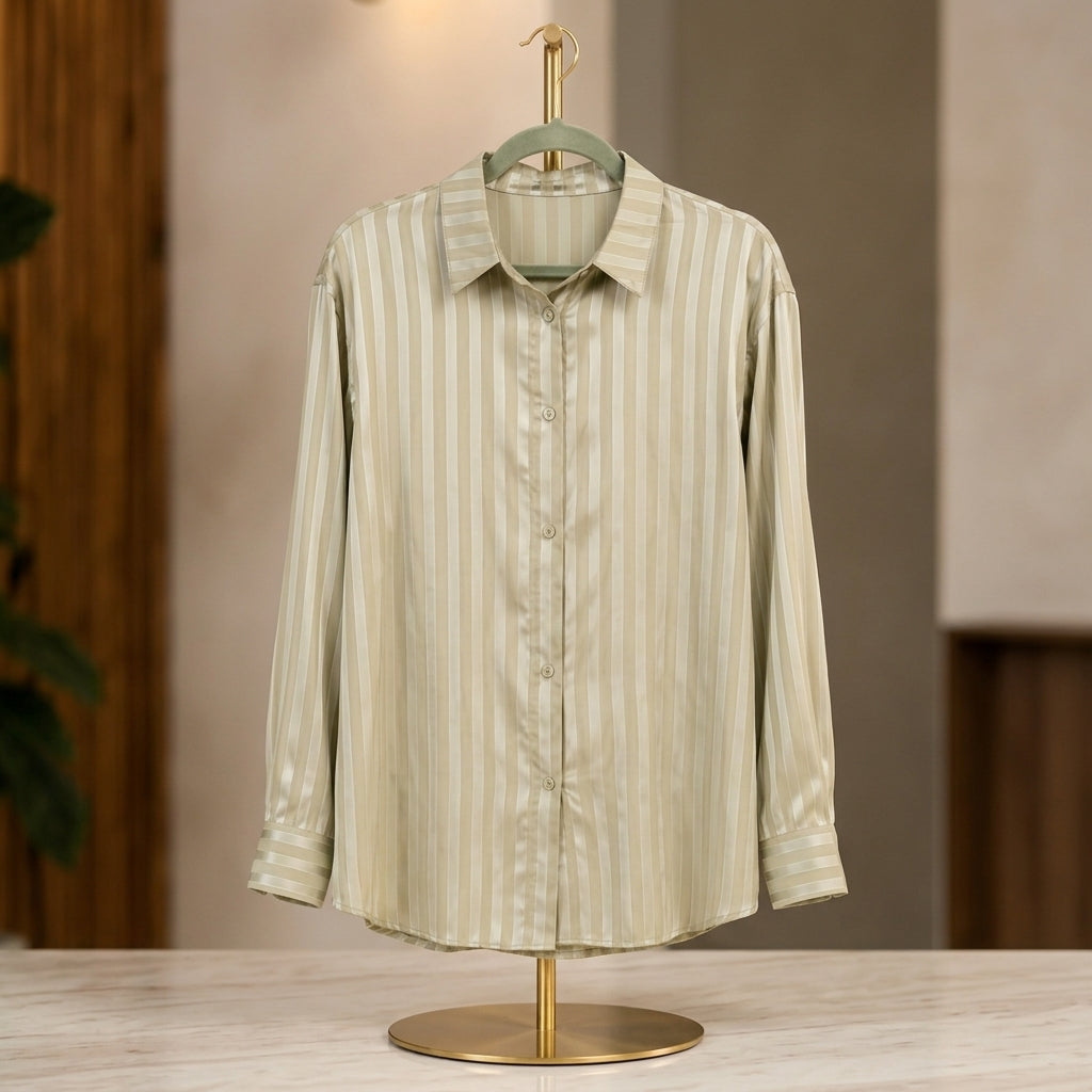 Premium Satin Stripe Button-Down Shirt – Silk Feel Long Sleeve Top