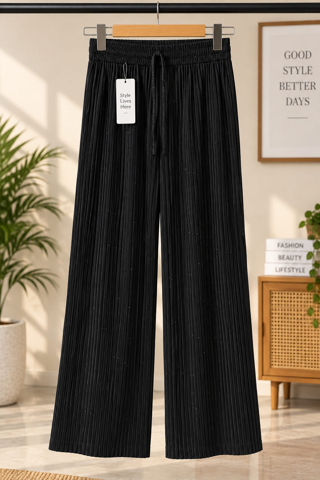 Premium Textured Wide-Leg Flared Pants with Adjustable Drawstring Waist