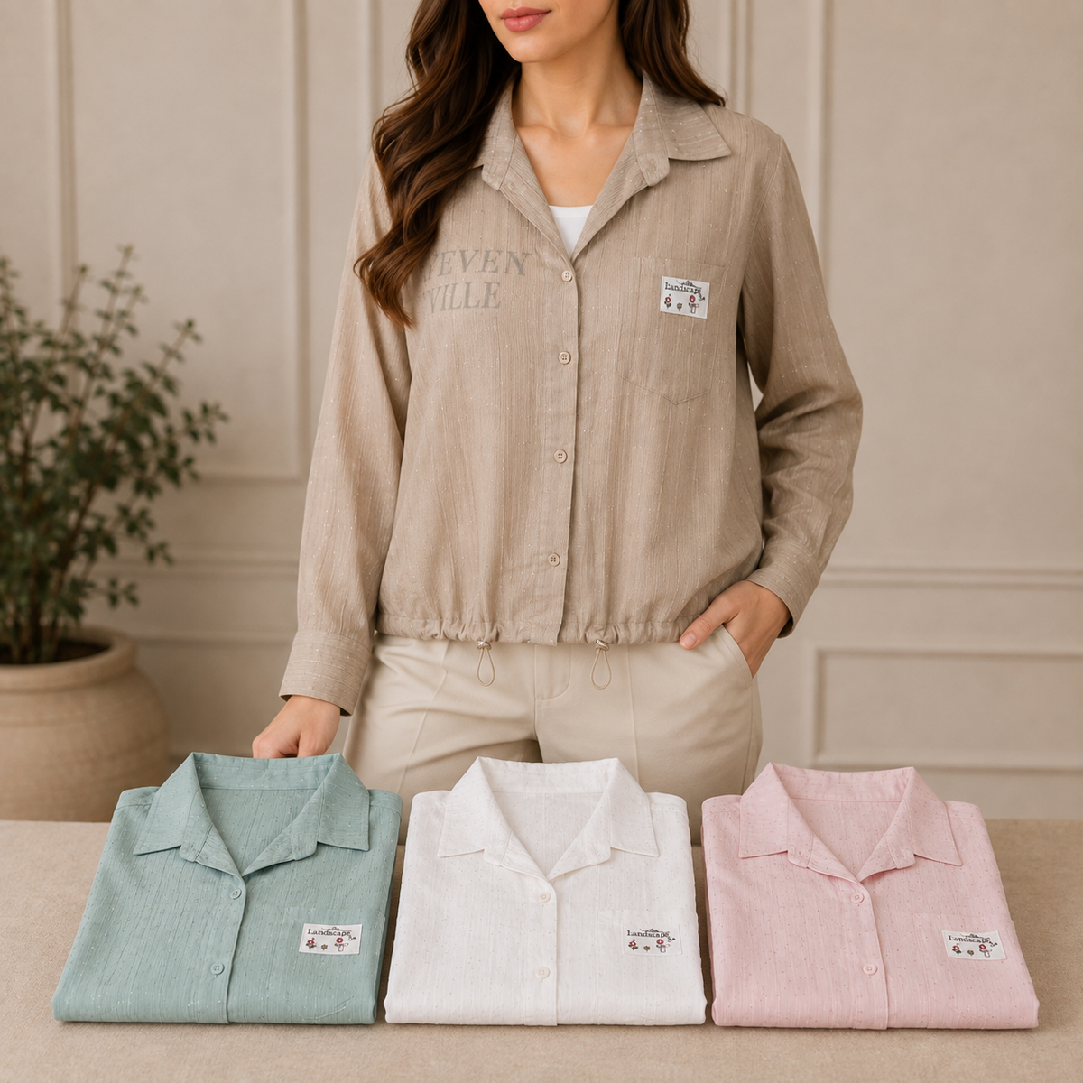 Premium 2-Piece Drawstring Button-Down Shirt with Inner Cami – Korean Style Casual Set