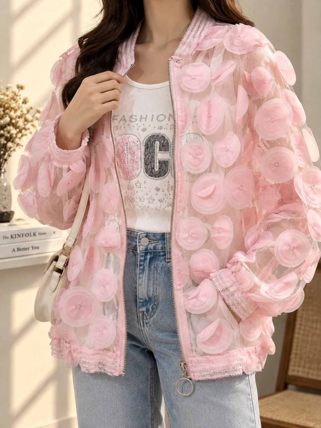 Premium 3D Floral Organza Sleeve Long Sleeve Blouse
