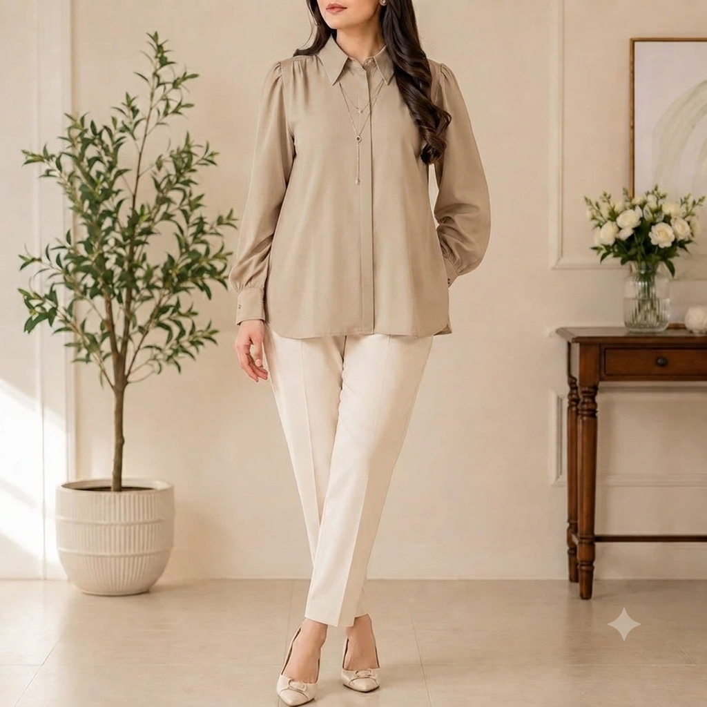 Premium Elegant Button-Down Shirt with Statement Collar & Layered Chain Detail