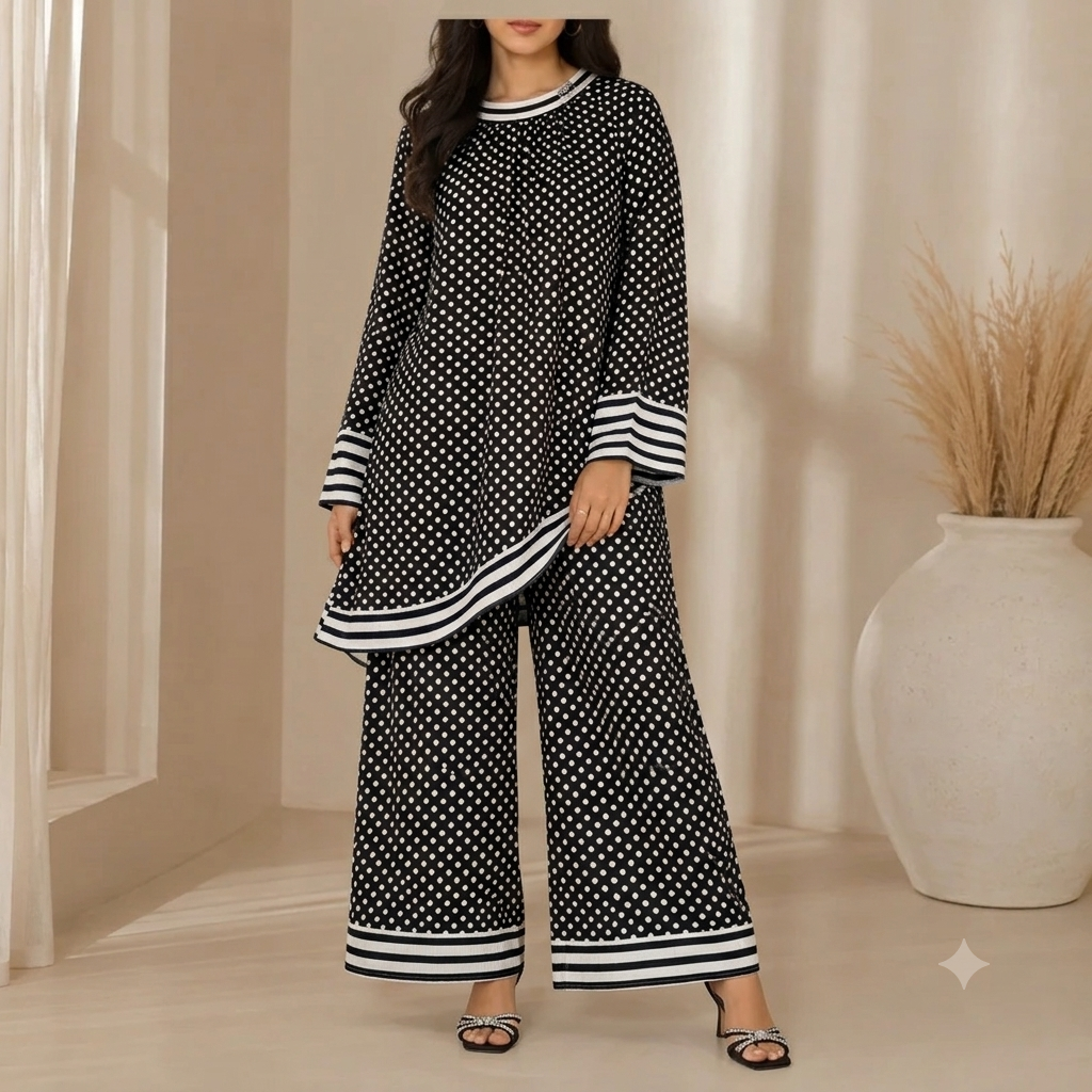 Premium Korean-Style Polka Dot Maxi Dress with Contrast Neck & Pearl Embellishment