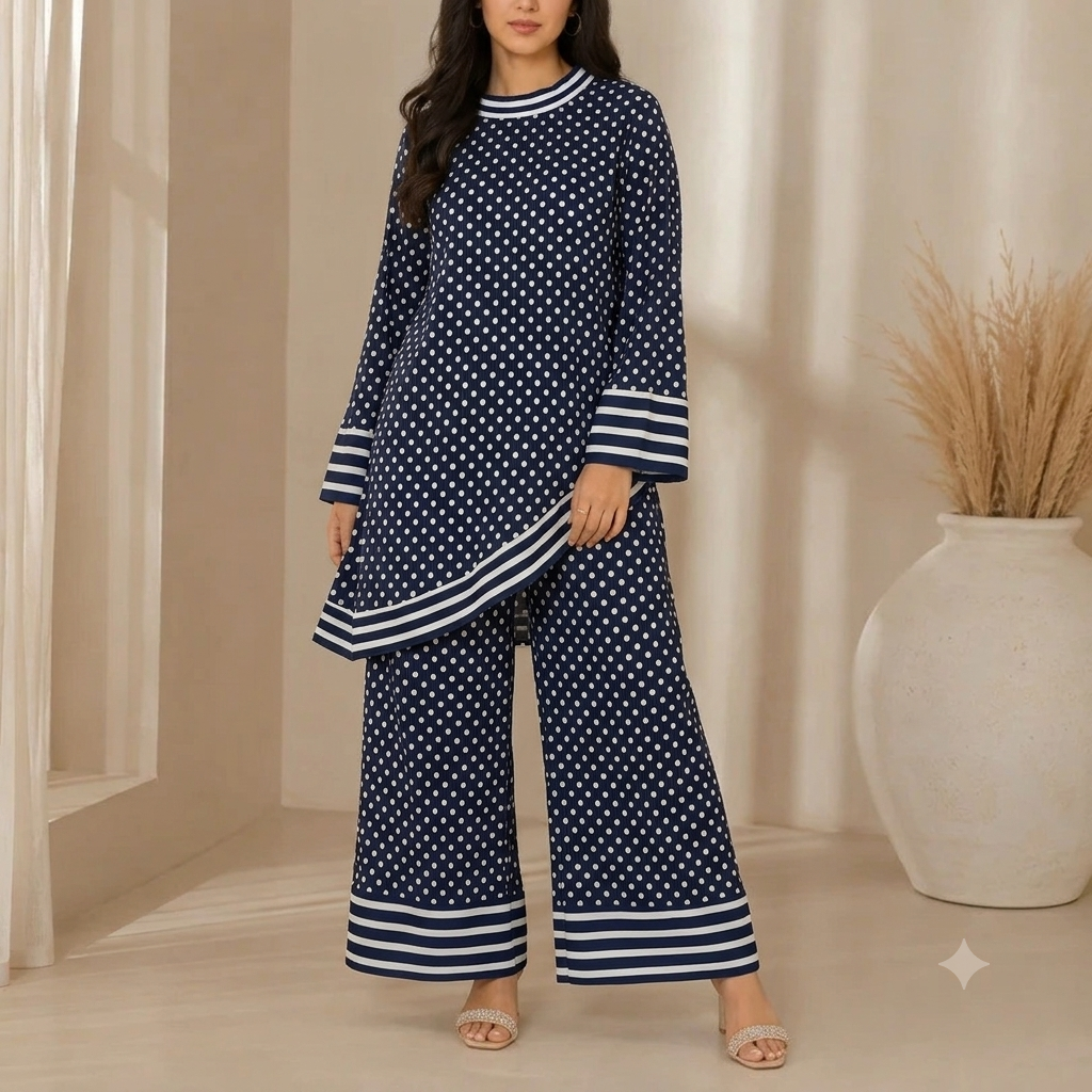 Premium Korean-Style Polka Dot Maxi Dress with Contrast Neck & Pearl Embellishment