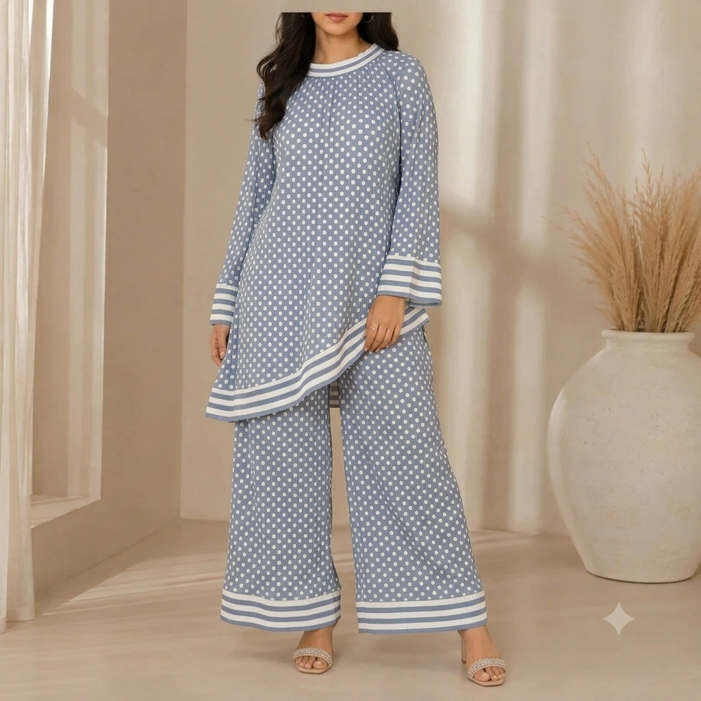 Premium Korean-Style Polka Dot Maxi Dress with Contrast Neck & Pearl Embellishment