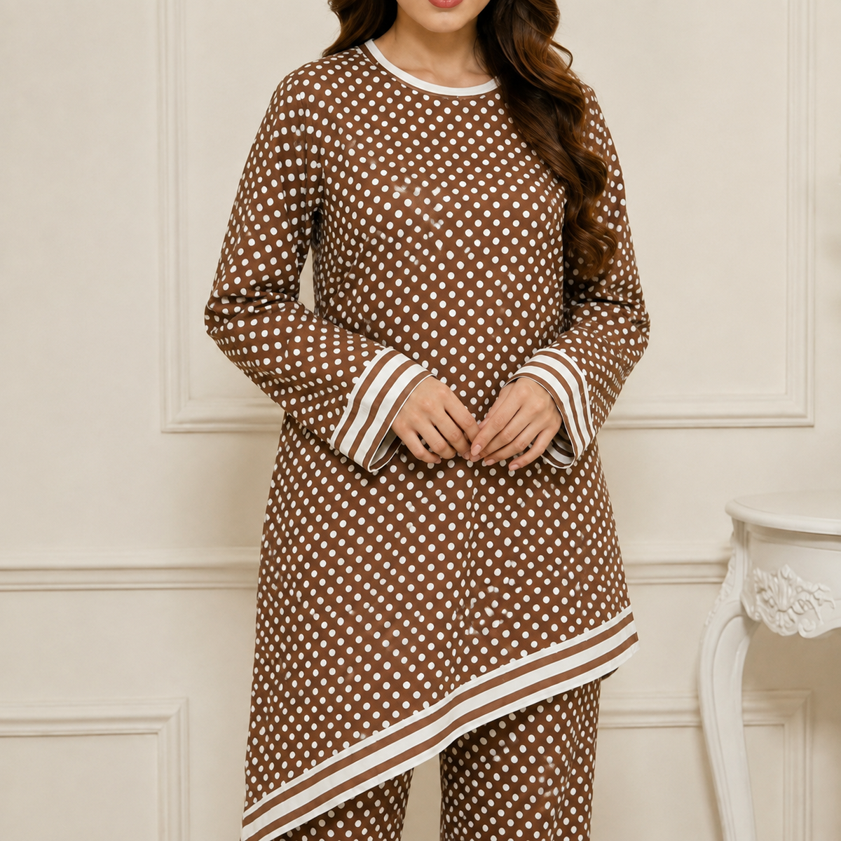 Premium Korean-Style Polka Dot Maxi Dress with Contrast Neck & Pearl Embellishment