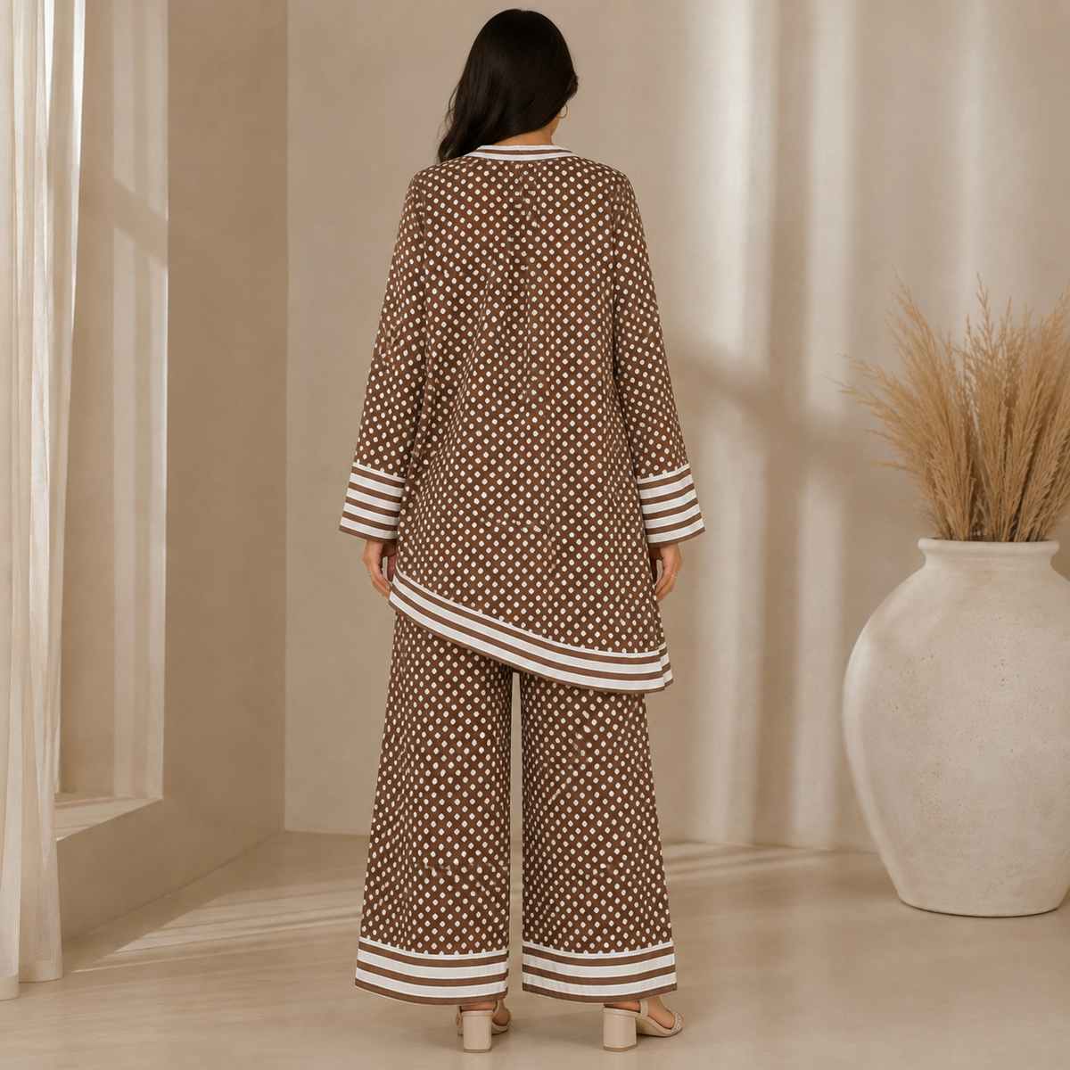 Premium Korean-Style Polka Dot Maxi Dress with Contrast Neck & Pearl Embellishment