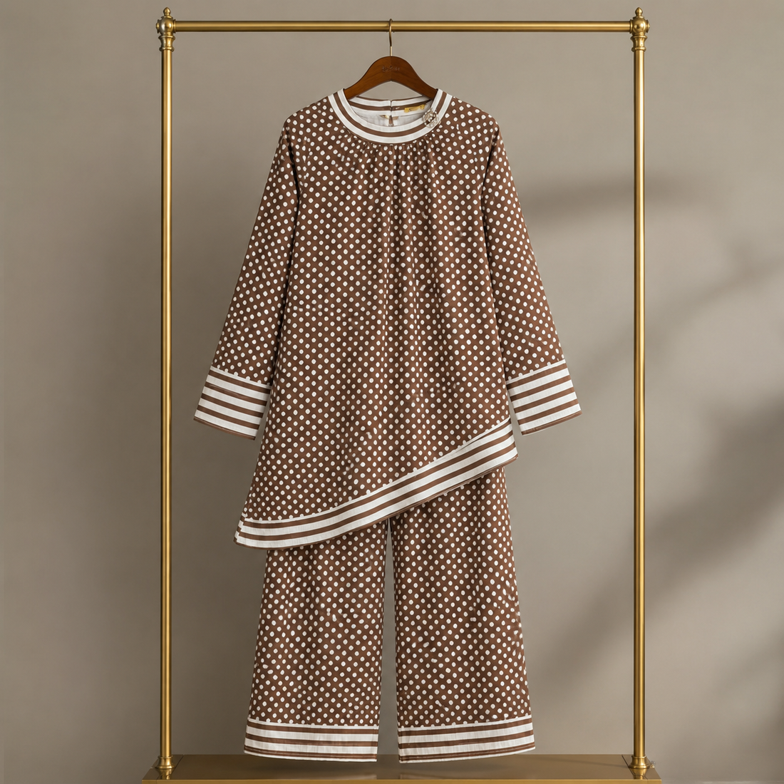 Premium Korean-Style Polka Dot Maxi Dress with Contrast Neck & Pearl Embellishment