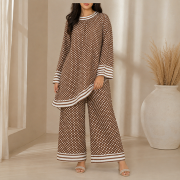 Premium Korean-Style Polka Dot Maxi Dress with Contrast Neck & Pearl Embellishment