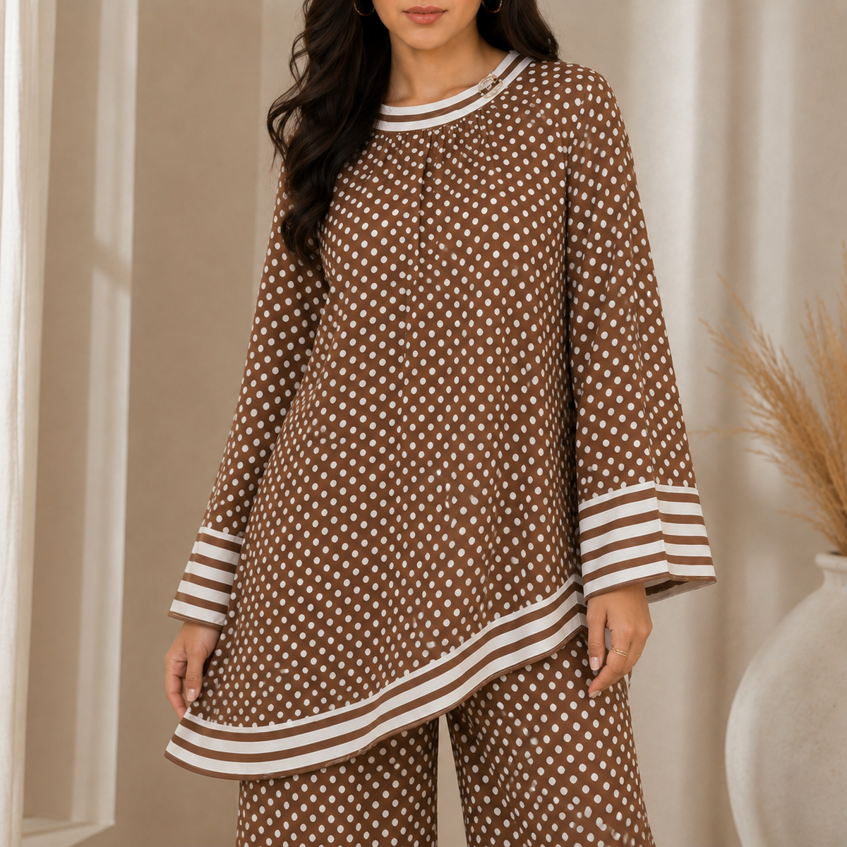 Premium Korean-Style Polka Dot Maxi Dress with Contrast Neck & Pearl Embellishment