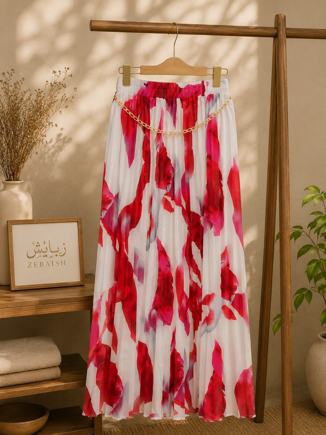 Premium Korean-Style Printed Skirt with Gold Chain Detail