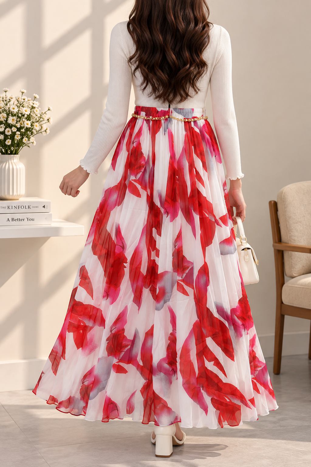 Premium Korean-Style Printed Skirt with Gold Chain Detail