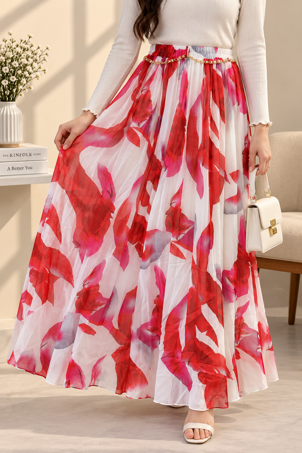 Premium Korean-Style Printed Skirt with Gold Chain Detail