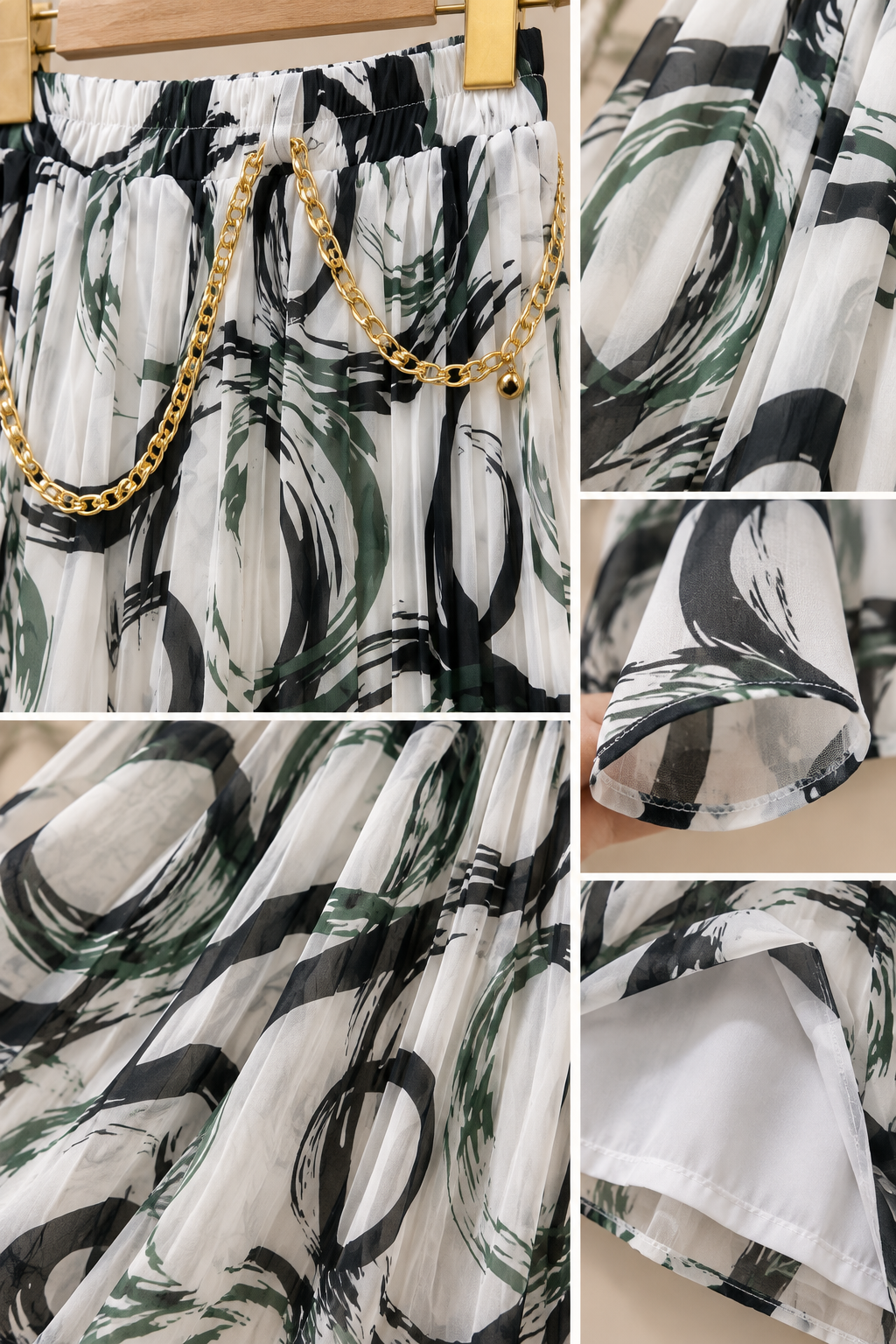 Premium Korean-Style Printed Skirt with Gold Chain Detail