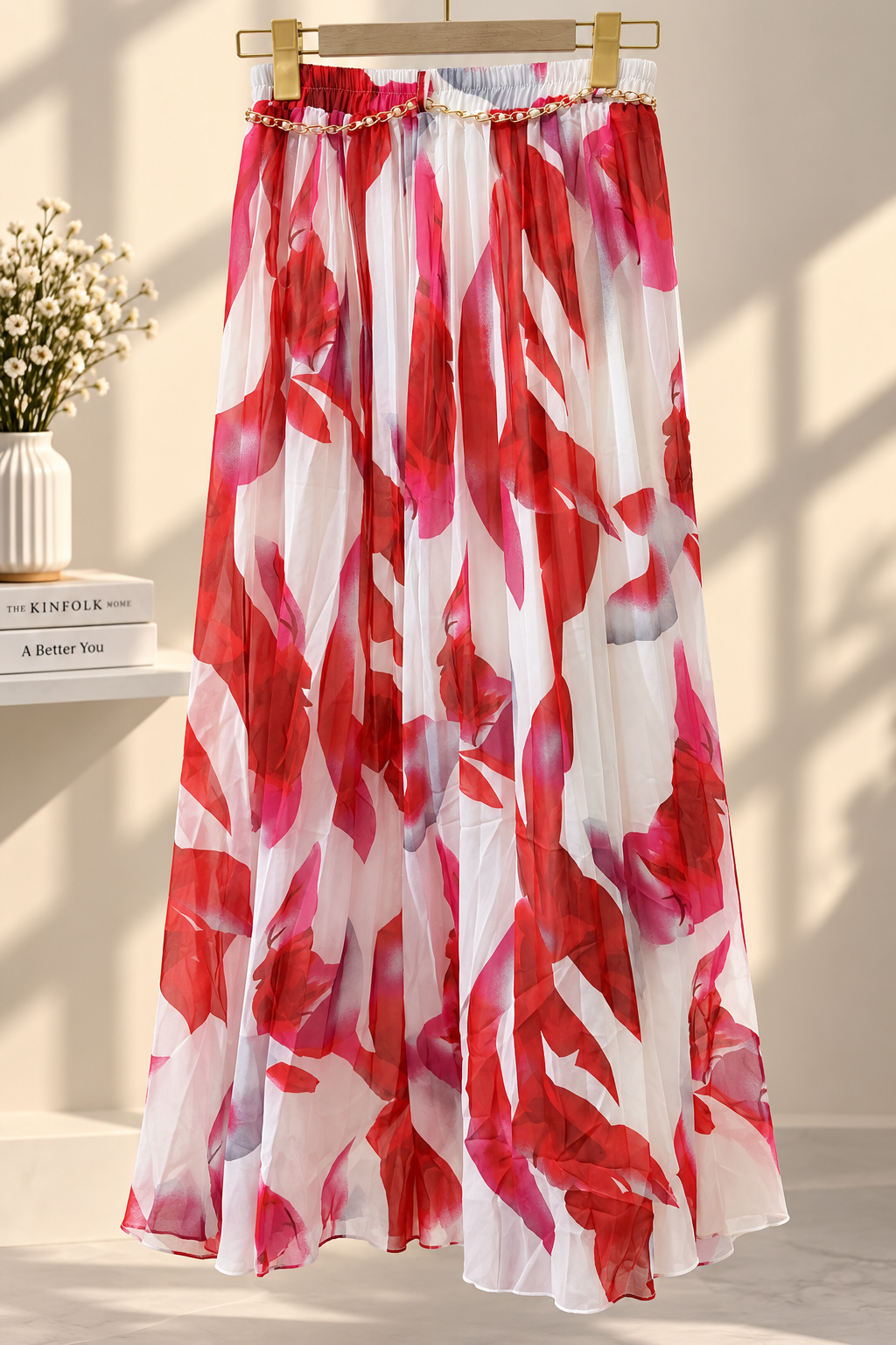 Premium Korean-Style Printed Skirt with Gold Chain Detail