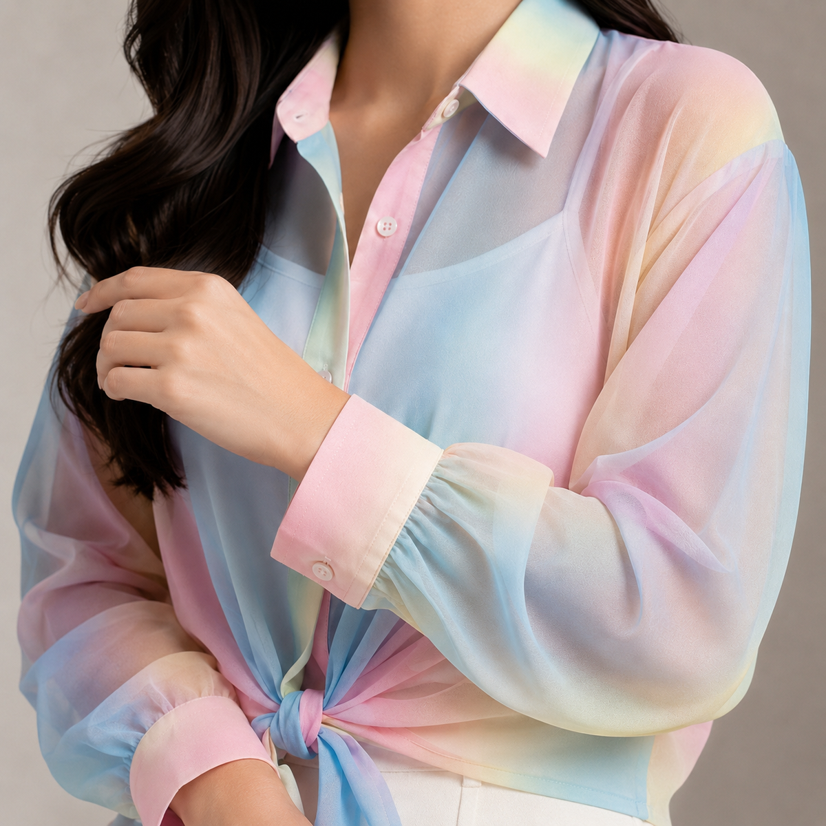 Premium Multicolor Sheer Shirt & Inner Cami Set with Tie-Waist Detail