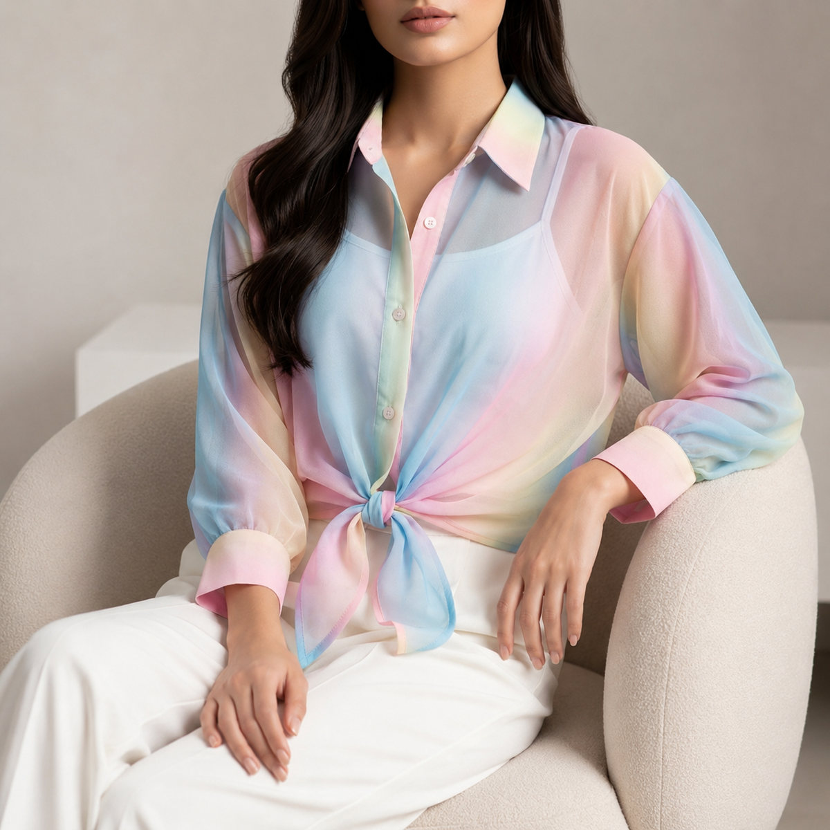 Premium Multicolor Sheer Shirt & Inner Cami Set with Tie-Waist Detail