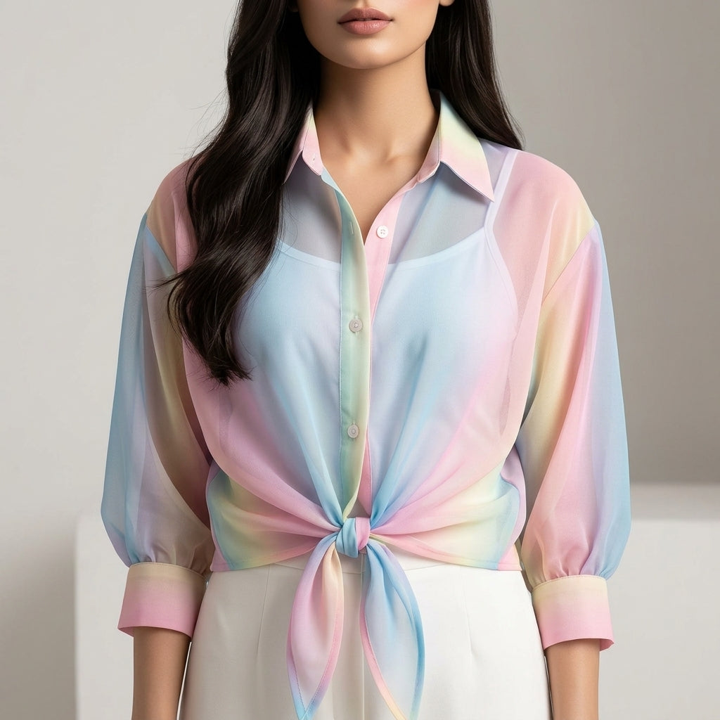 Premium Multicolor Sheer Shirt & Inner Cami Set with Tie-Waist Detail