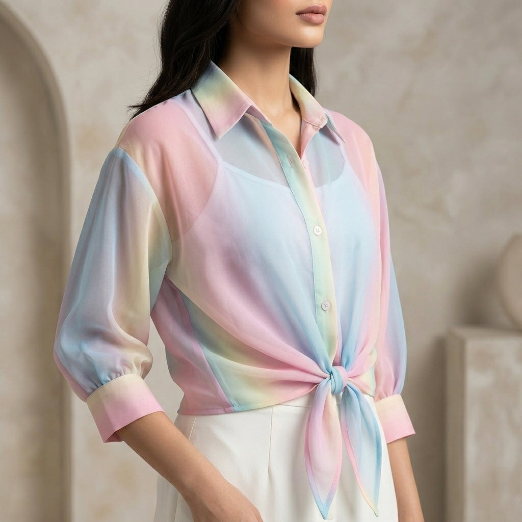 Premium Multicolor Sheer Shirt & Inner Cami Set with Tie-Waist Detail