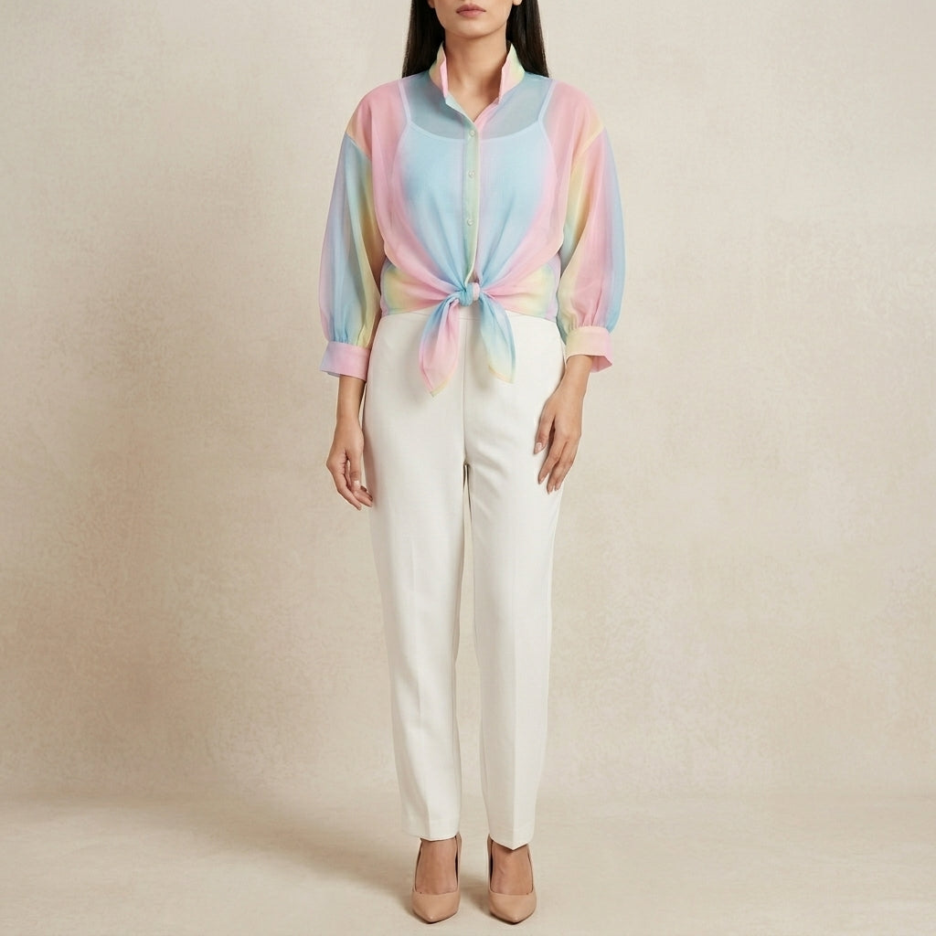 Premium Multicolor Sheer Shirt & Inner Cami Set with Tie-Waist Detail