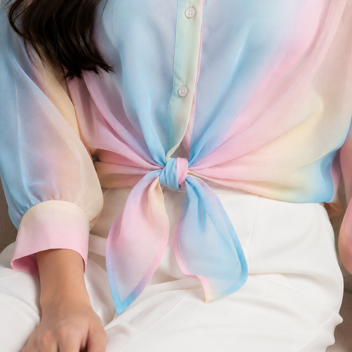Premium Multicolor Sheer Shirt & Inner Cami Set with Tie-Waist Detail