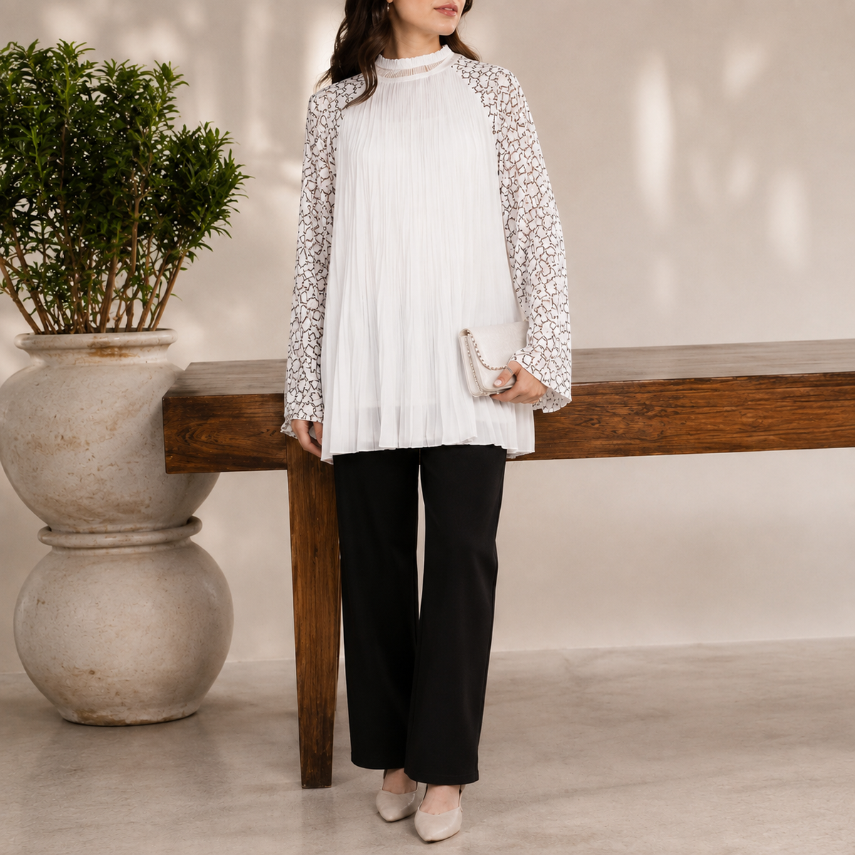 Premium Pleated Embroidered Bell Sleeve Longline Tunic