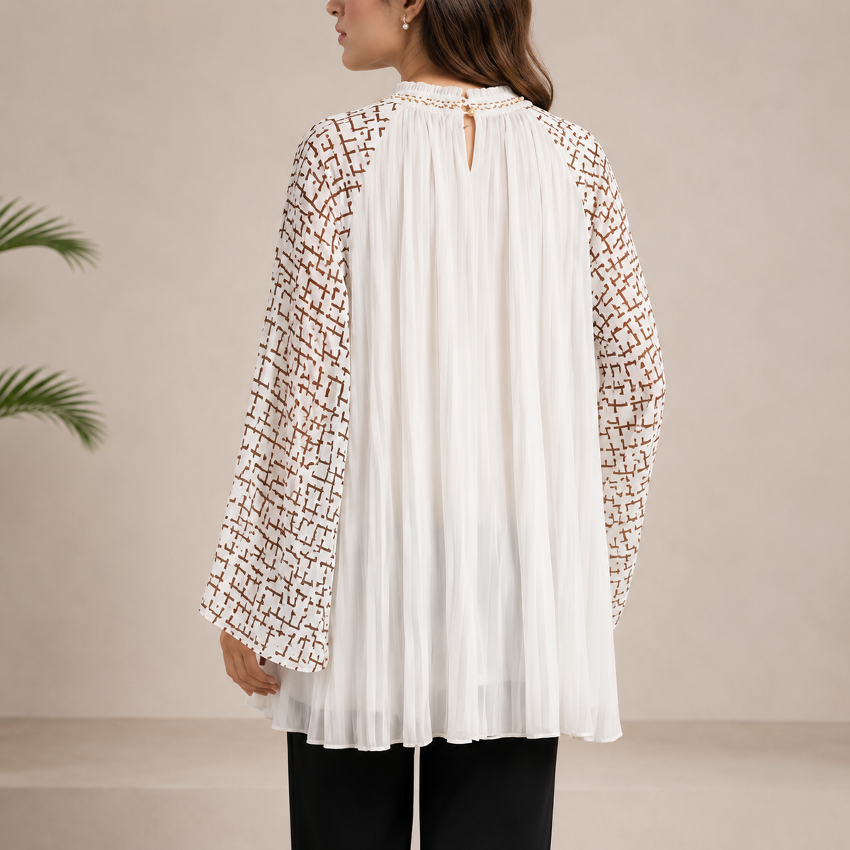 Premium Pleated Embroidered Bell Sleeve Longline Tunic