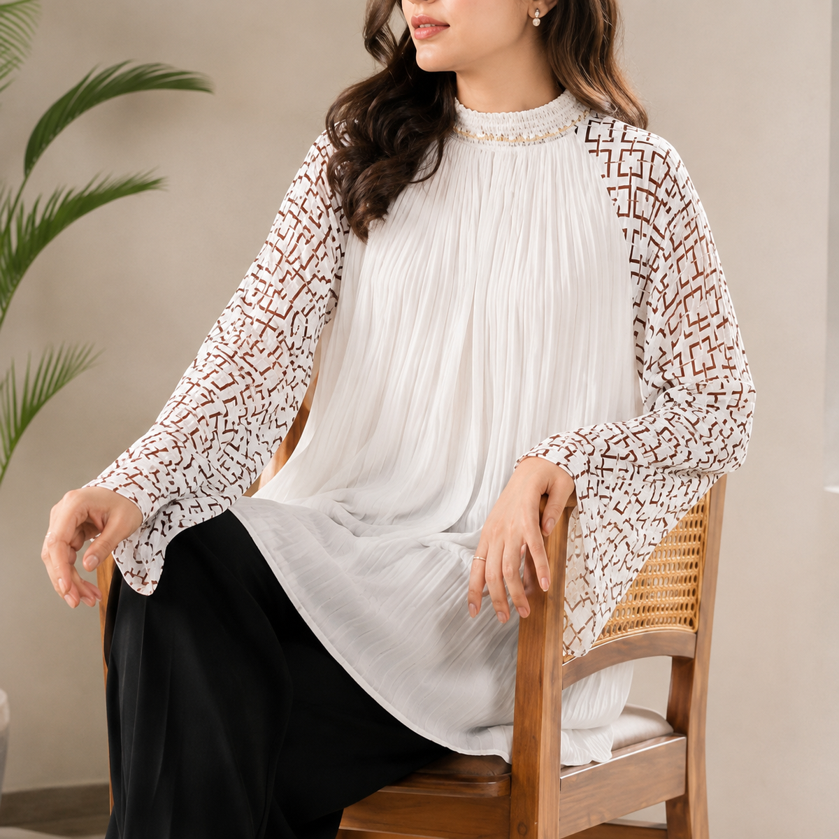 Premium Pleated Embroidered Bell Sleeve Longline Tunic