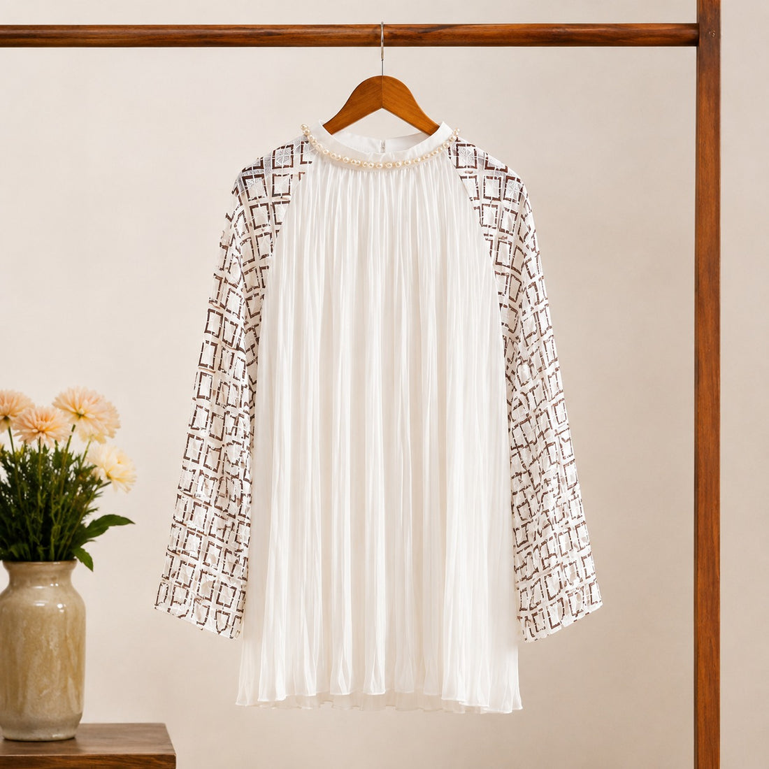 Premium Pleated Embroidered Bell Sleeve Longline Tunic