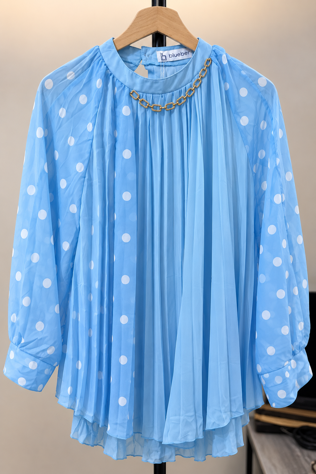Premium Pleated Chiffon Tunic with Polka Dot Sheer Sleeves