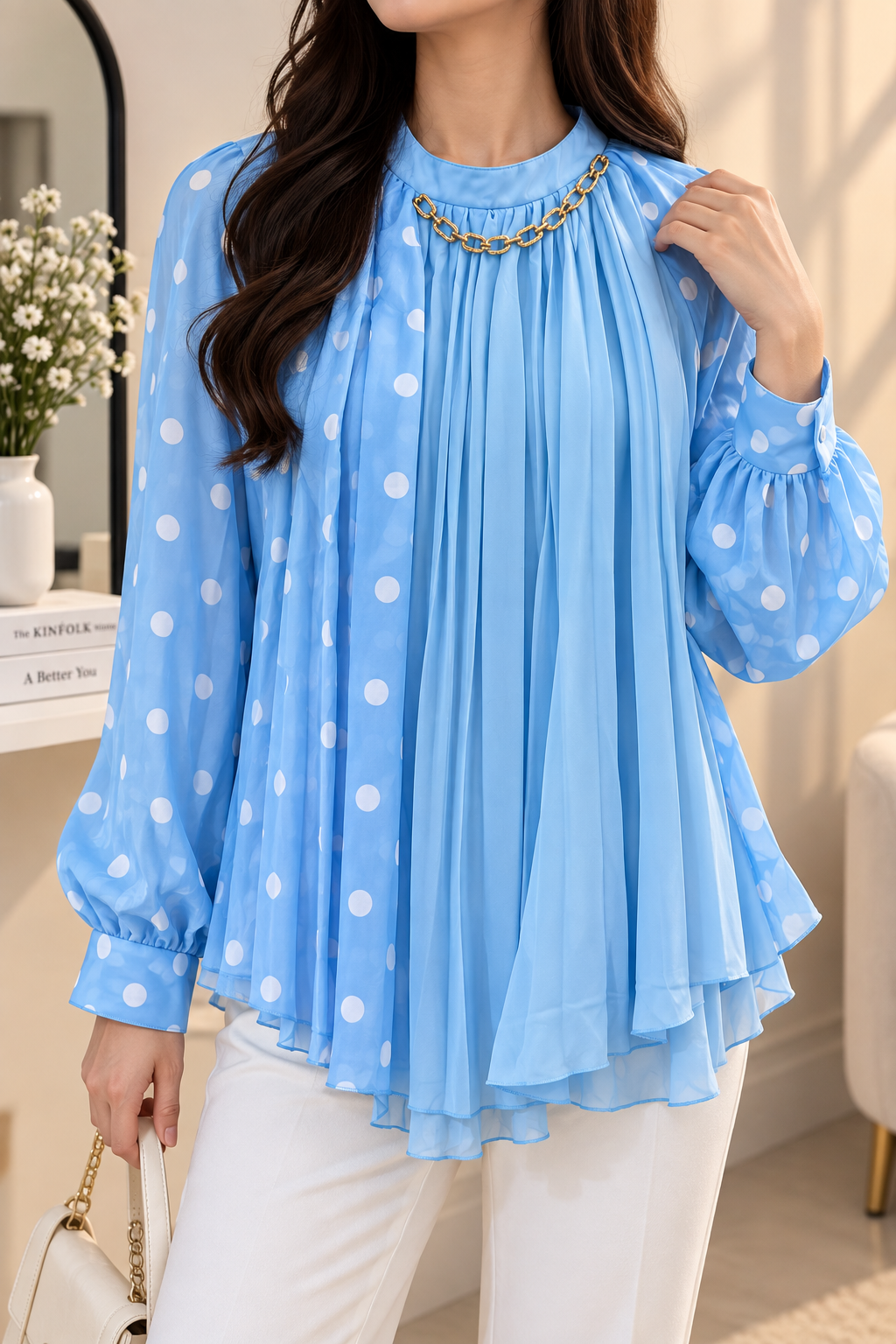 Premium Pleated Chiffon Tunic with Polka Dot Sheer Sleeves