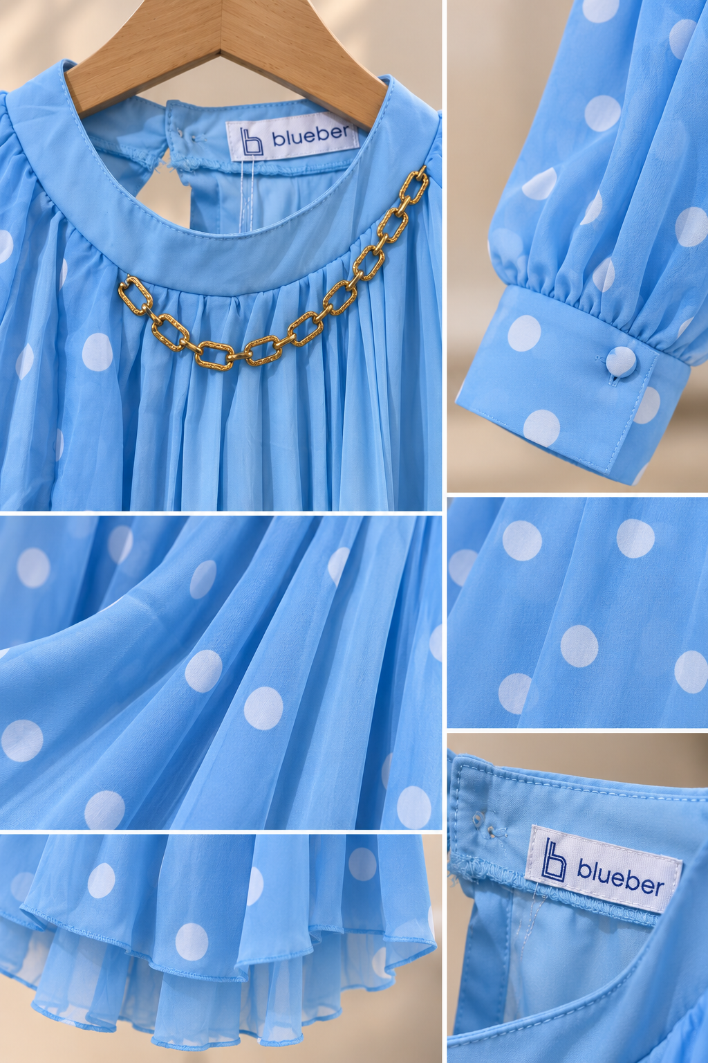 Premium Pleated Chiffon Tunic with Polka Dot Sheer Sleeves