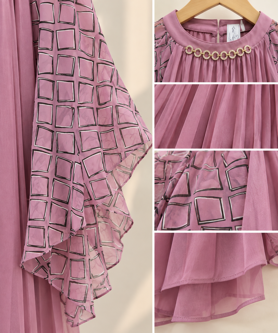 Premium Pleated Embroidered Bell Sleeve Longline Tunic