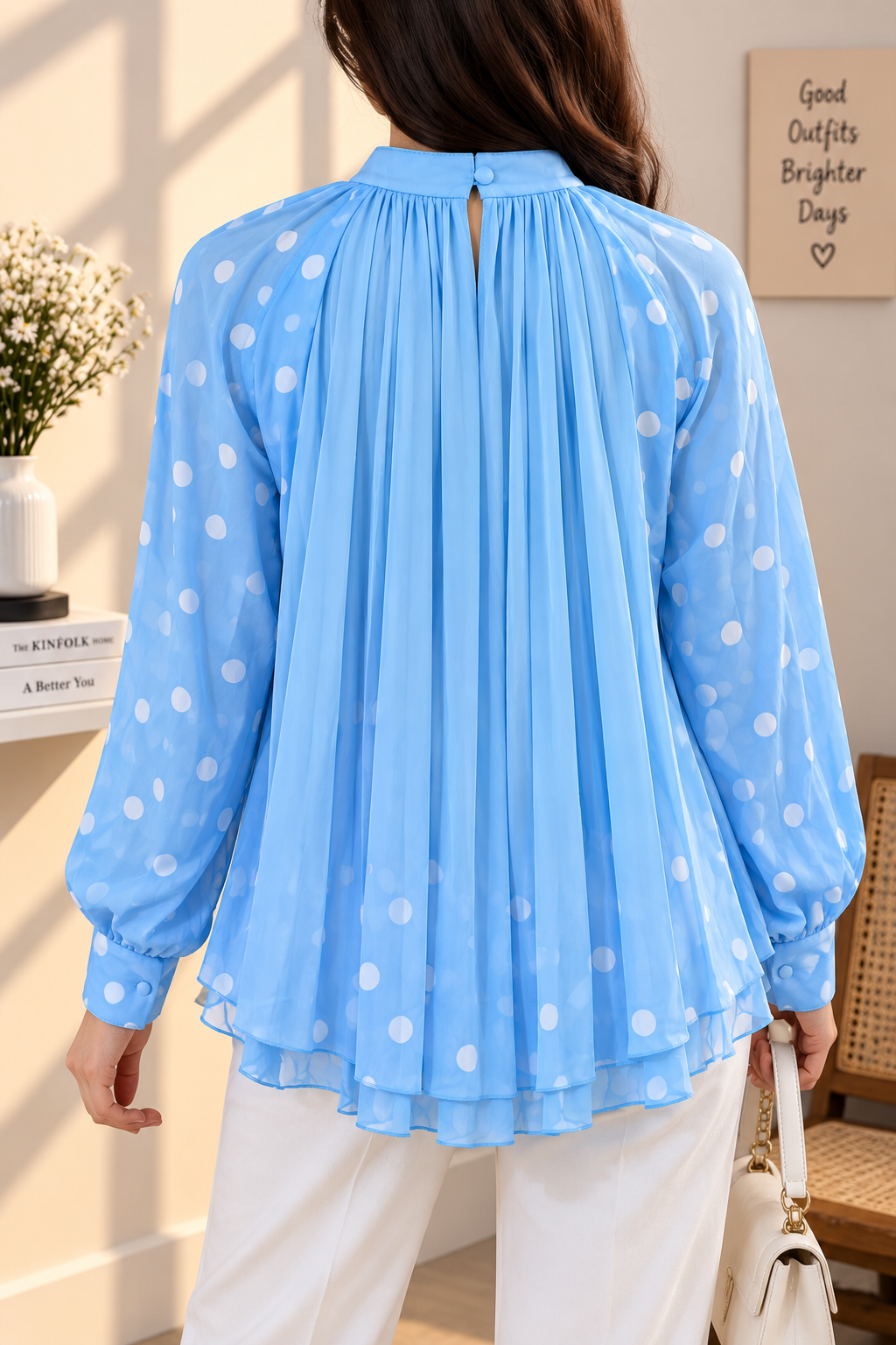 Premium Pleated Chiffon Tunic with Polka Dot Sheer Sleeves