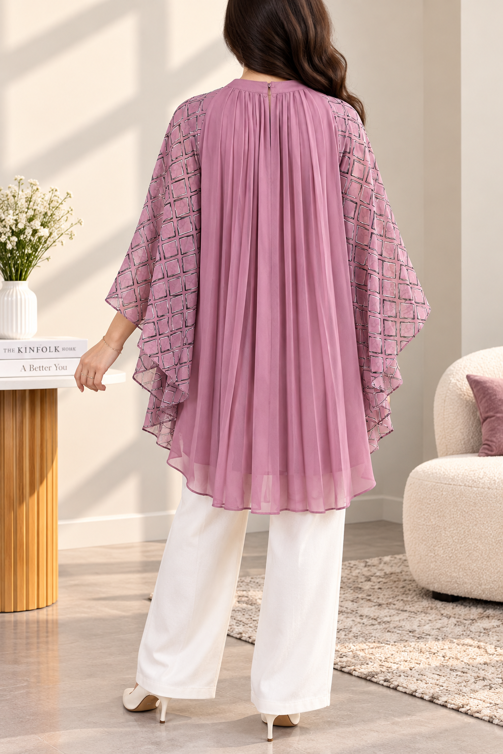 Premium Pleated Embroidered Bell Sleeve Longline Tunic